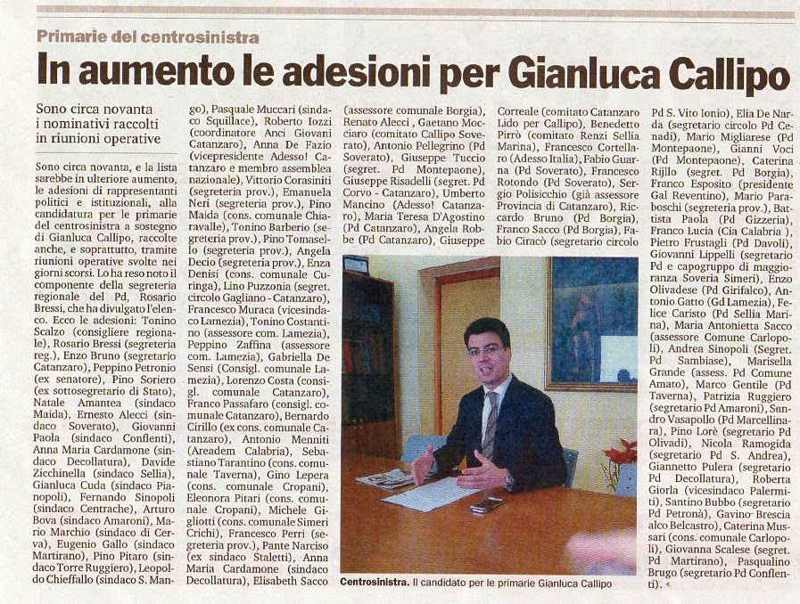 18 Agosto 2014 – In aumento le adesioni per Gianluca Callipo